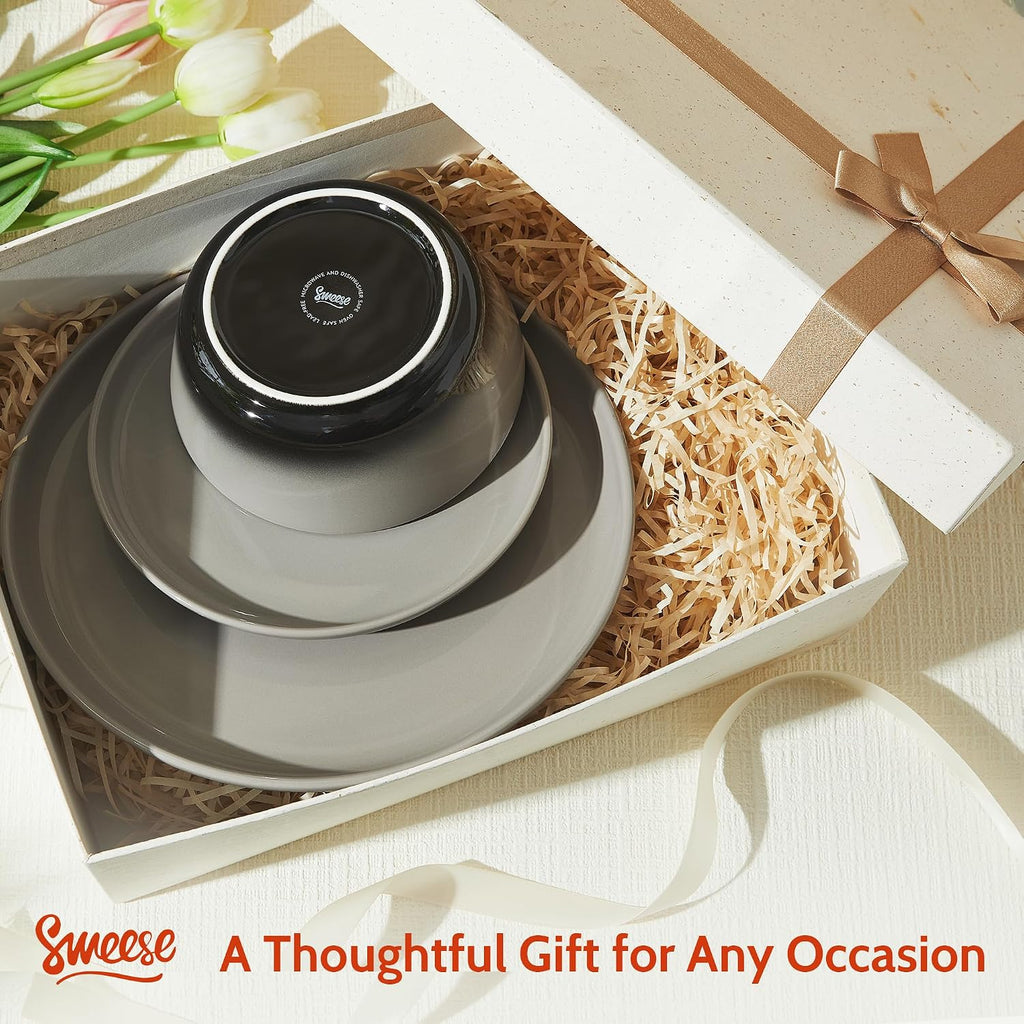 Sweese Porcelain Dinnerware Sets, Handpainted Plates and Bowls Set for 6, Scratch Resistant Dinner Set, Dishwasher and Oven Microwave Safe Dishes Set, Graphite Gray