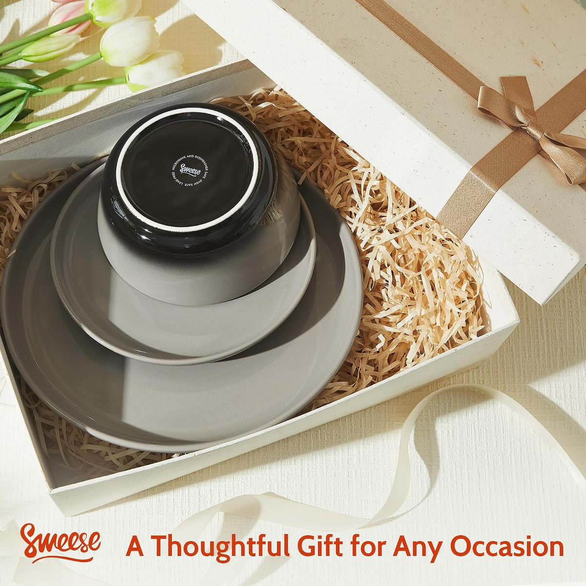 Sweese Porcelain Dinnerware Sets, Handpainted Plates and Bowls Set for 6, Scratch Resistant Dinner Set, Dishwasher and Oven Microwave Safe Dishes Set, Graphite Gray