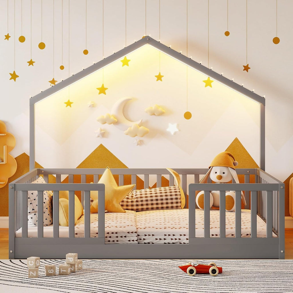 Full Size House Bed for Kids, Low Profile Full Montessori Bed with High Railings, Wood House Shape Montessori Beds with Light & Roof for Kids, Gray