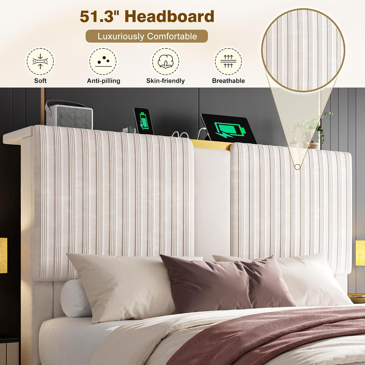 Homkdom Queen Bed Frame with 2 Drawers and 51.3''Tall Headboard, Velvet Platform Storage Bedframe with 3 Charging Ports and Wooden Slats Support, No Box Spring Needed, Beige