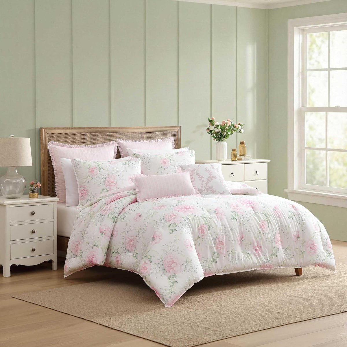 Laura Ashley - Twin Bonus Comforter Set, Reversible Bedding with a Naturally Soft Feel, 5 Piece Bed Set with Matching Pillowcases, Euro Shams, & Throw Pillow Covers (Serenity Roses/Mattie Stripe Pink)