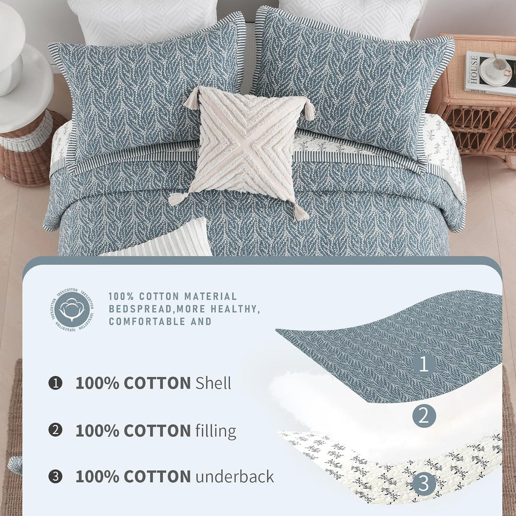 Finlonte Cotton Quilt King Size - 100% Cotton King Comforter Set, Botanical Chic Quilt Bedding Set, Lightweight Reversible Soft Quilted Bedspread for King Bed, Grayish-Blue/White, All Season, 3 Pieces