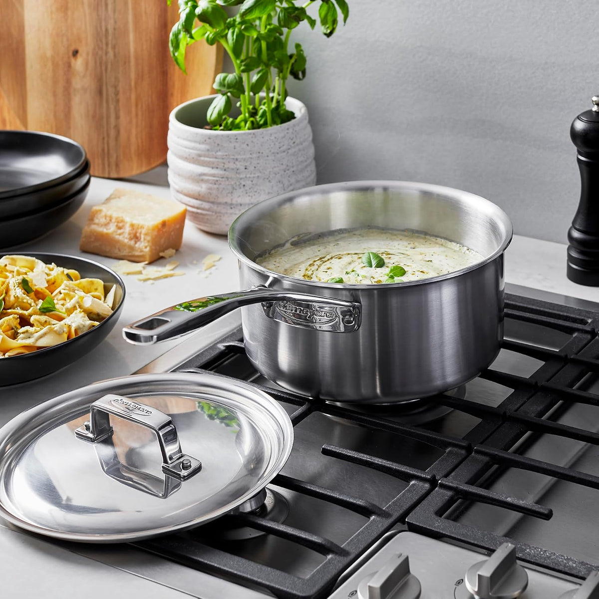 Demeyere Essential 5-ply, 18/10 Stainless Steel, Stay Cool Handle, Oven Safe, Compatible with all Cooktops, Perfect Pour Edge, 3-qt Saucepan with Perfect Fit Lid