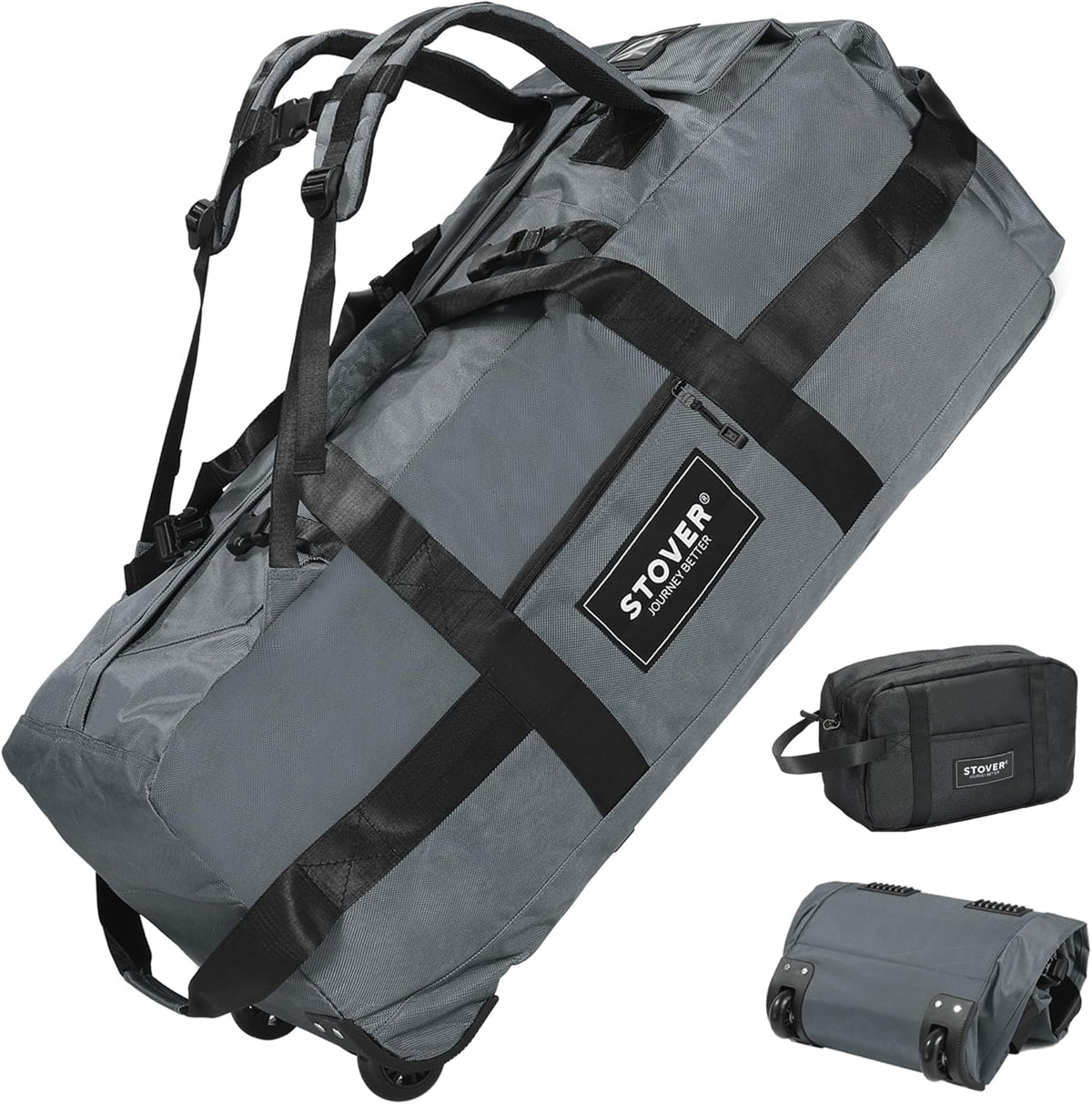 STOVER 45/80/100L Rolling Duffel Bag with Wheels, Large Durable Travel Duffle + Toiletry Bag, Heavy Duty, Packable, Foldable with Shoulder Straps- Use as Luggage or Backpack, Men/Women (Grey)