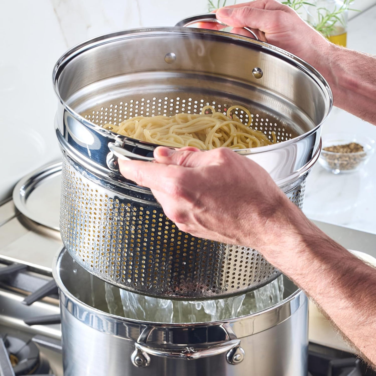 Hestan Provisions 8-Quart Stainless Steel Pasta Insert and Steamer Basket - Fits 8 Qt Stock Pots, 18/10 Stainless Steel, Dishwasher Safe