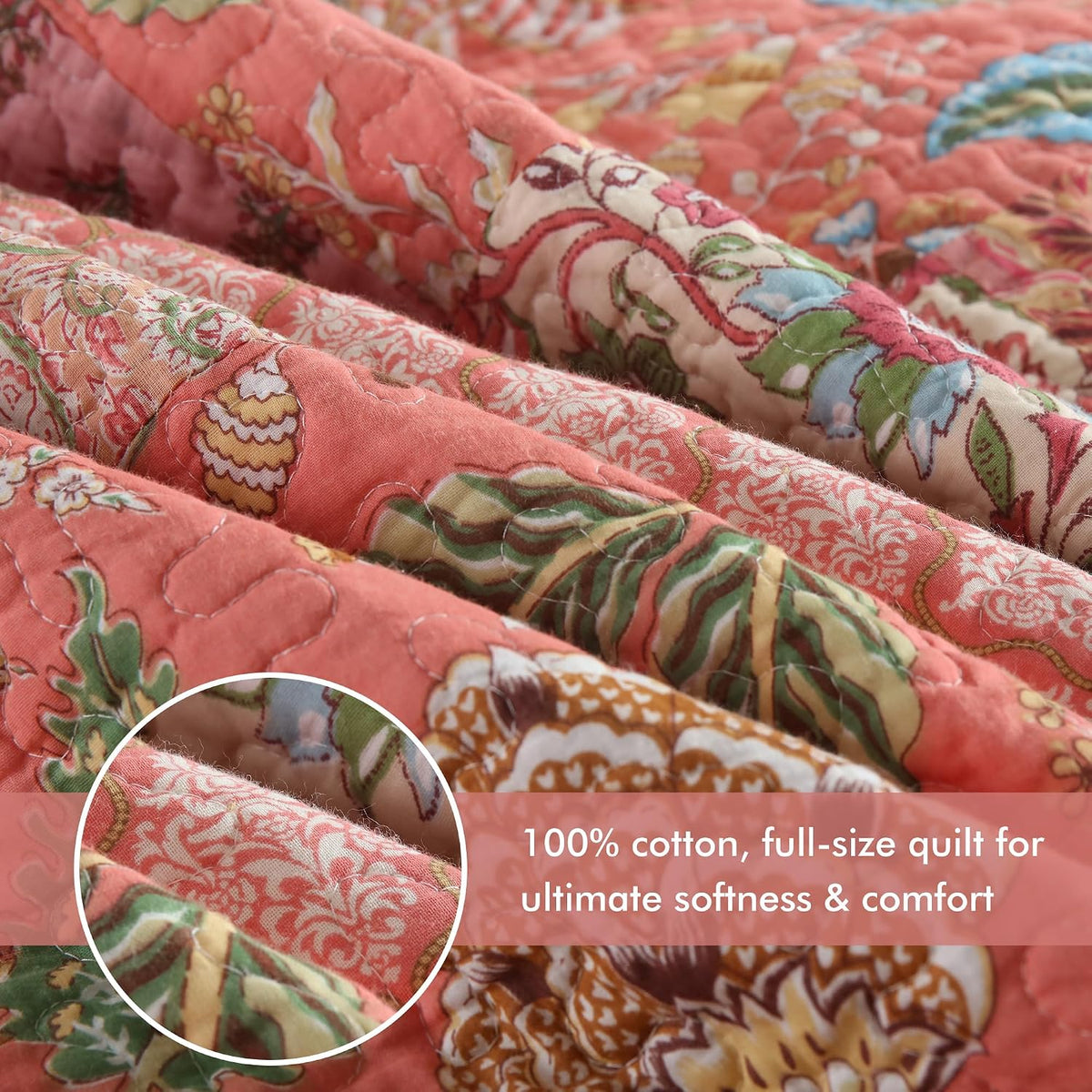 Etwel 100% Cotton Patchwork King Size Quilt Set - Lightweight Breathable Reversible Bedspread for Hot Sleepers, Farmhouse Floral Bedding Set with 2 Pillow Shams for All Season (106'x94', Pink Floral)