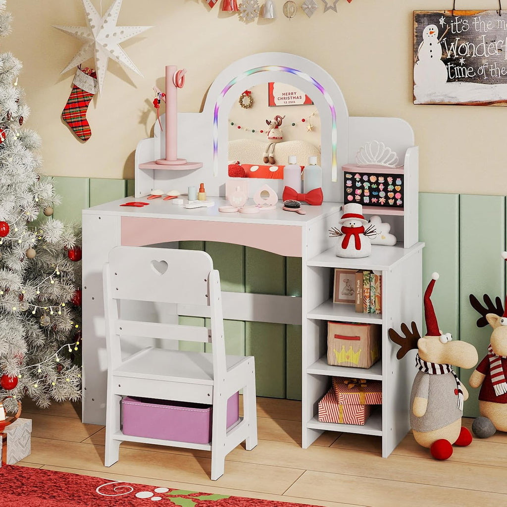 HONEY JOY Kids Vanity, Wooden Girls Vanity Set with Lighted Mirror & Open Bookshelf, Ring Slot & Jewelry Storage, Toddler Makeup Vanity Desk Dressing Table, Kids Vanity Table and Chair Set (White)