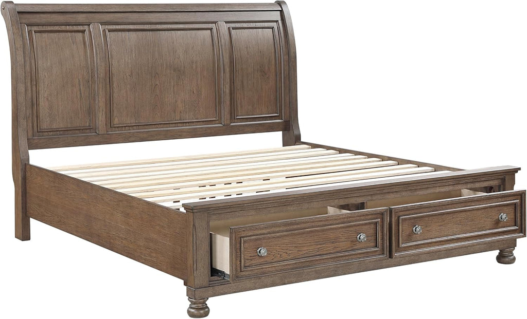 Traditional 6pc Bedroom Set King Size Platform Storage Bed Sleigh Headboard Classic Antique Brown Finish Furniture
