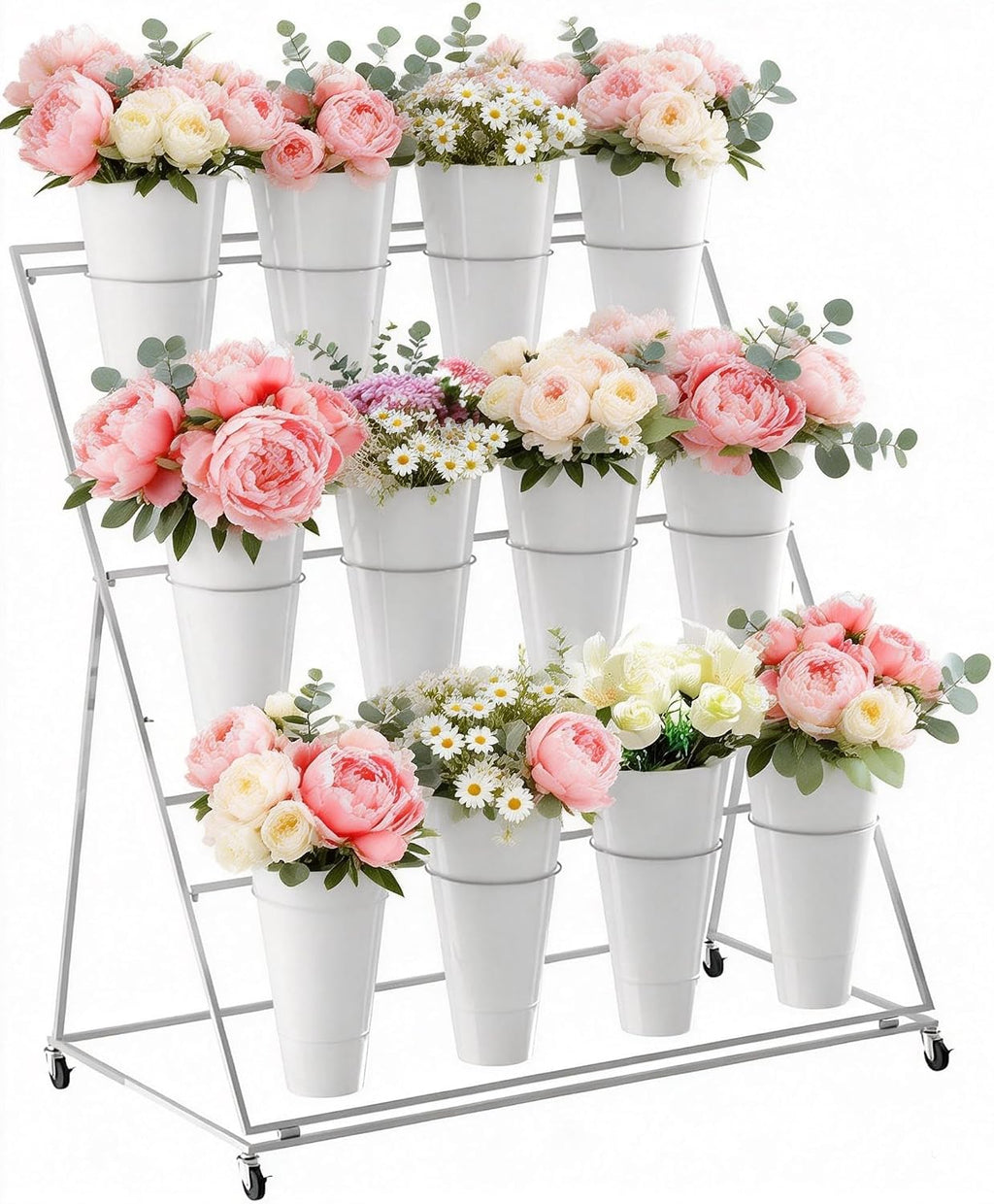 Flower Display Stand with 12 Buckets, 3 Layer Plant Stand with Wheels, Movable Plant Display Stand, Heavy Duty Moving Plant Cart Shelf for Indoor Outdoor