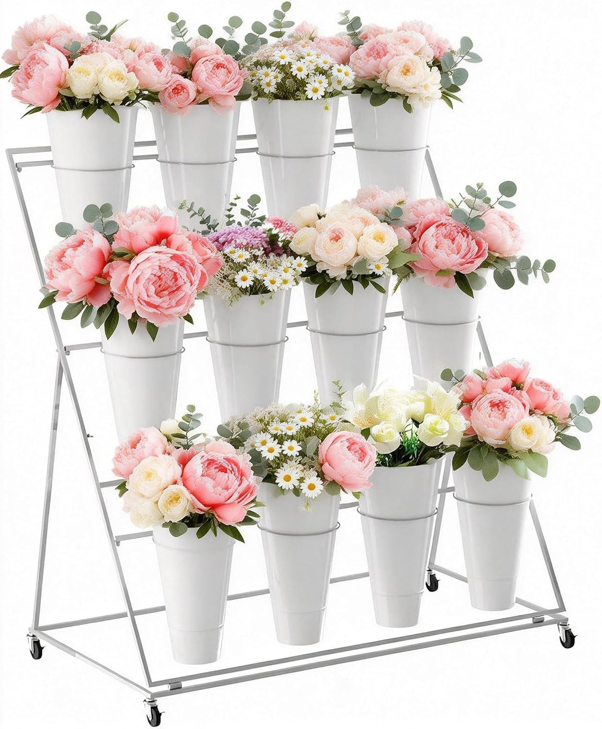 Flower Display Stand with 12 Buckets, 3 Layer Plant Stand with Wheels, Movable Plant Display Stand, Heavy Duty Moving Plant Cart Shelf for Indoor Outdoor