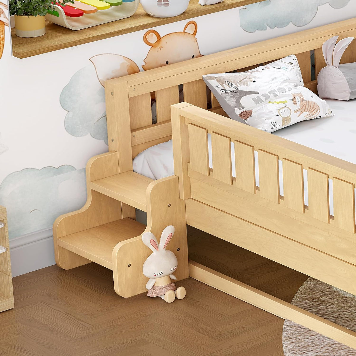 Bellemave Queen Bed with Trundle and Stairs, Queen Size Platform Bed Frame with Fence and Bookshelf, Easy Assemble Beds for Kids, Girls, Boys, Light Natural