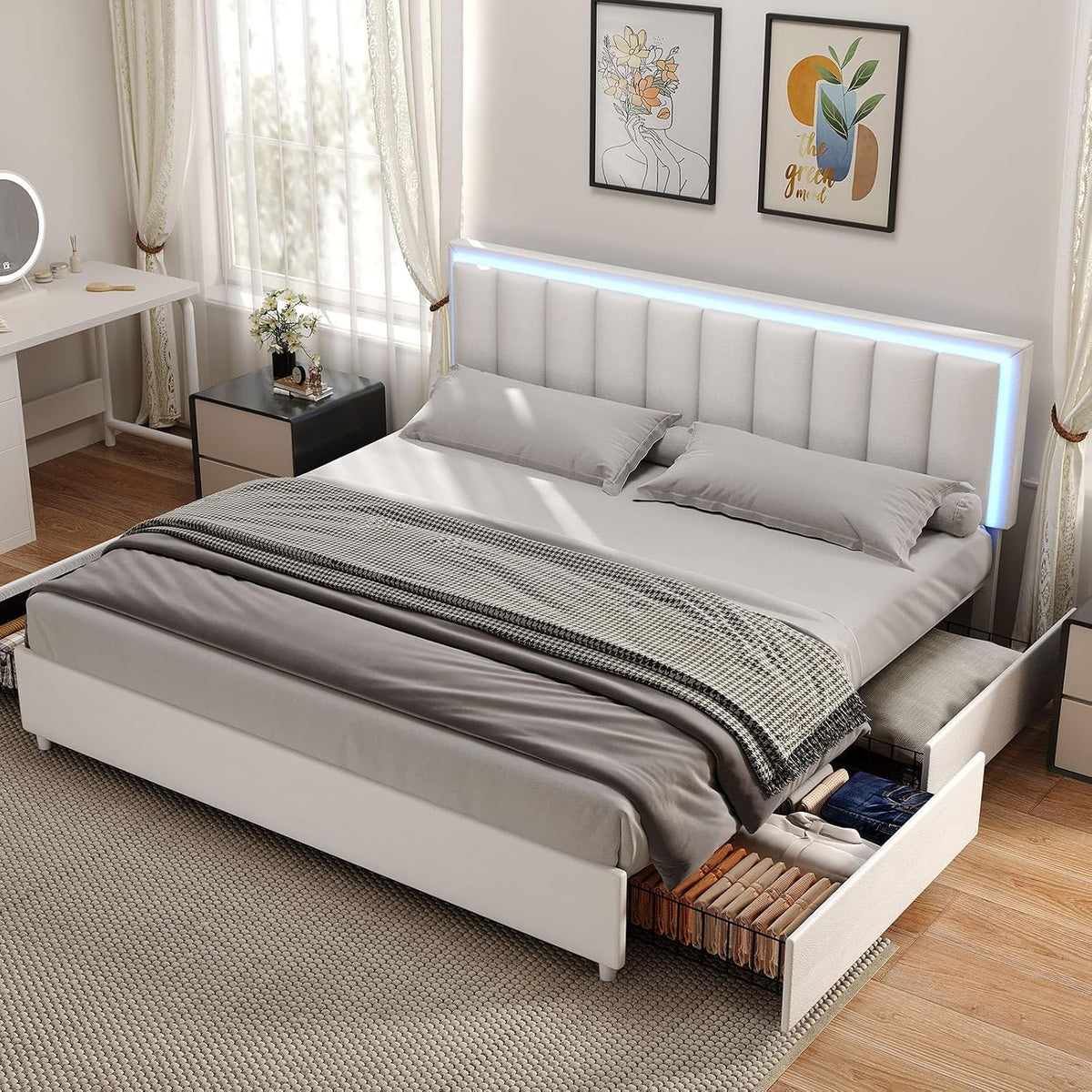 IMMERSTABLE King Size Bed Frame with 4 Drawers, Bed Frame King with LED Lights, Upholstered King Bed and Headboard, No Box Spring Needed, Noise-Free, Easy Assembly, White