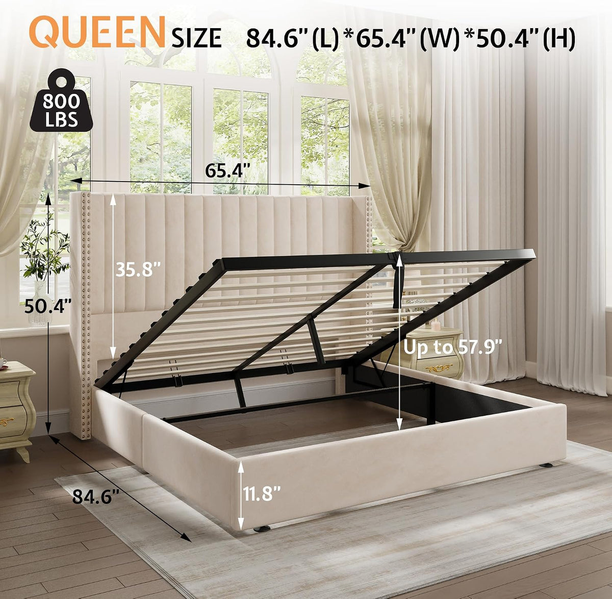 Jocisland Upholstered Queen Size Lift up Storage Bed Frame, Platform Bed Velvet with Channel Tufted Wingback Headboard, No Box Spring Needed, Cream