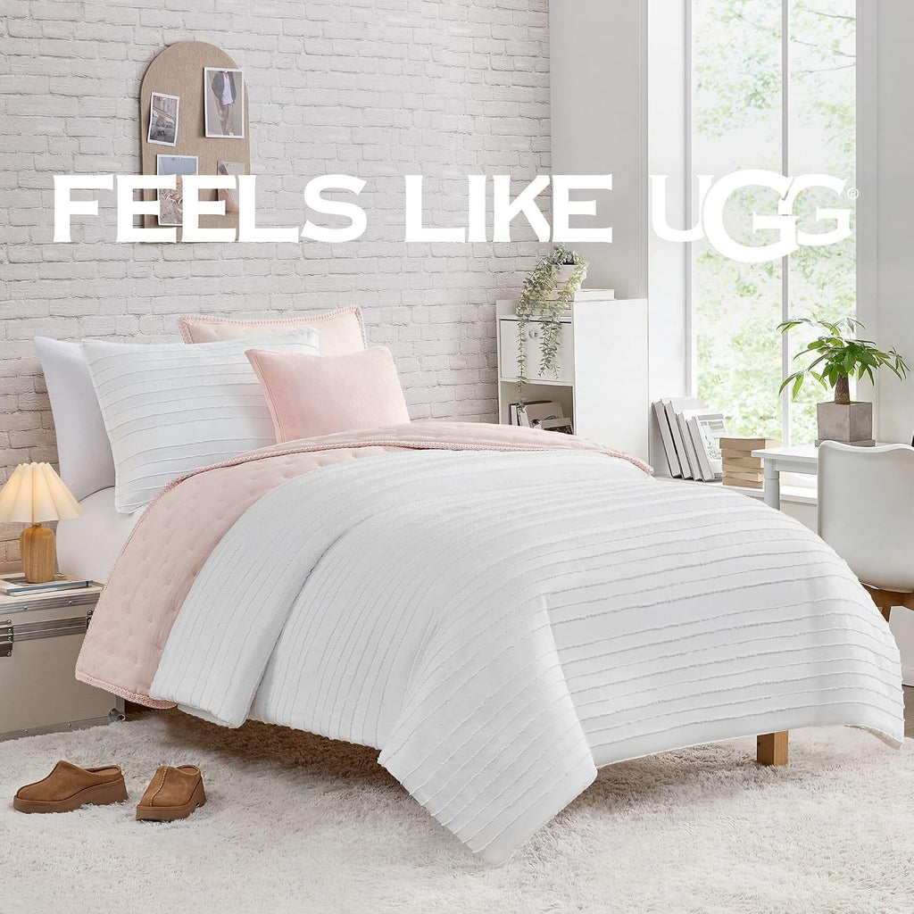 UGG Textured Twin Comforter Set - 2 Piece Striped Bedding Set with Pillow Sham – Luxurious and Cozy Reversible White Bed Set for Bedroom & Dorm (Twin/Twin XL)