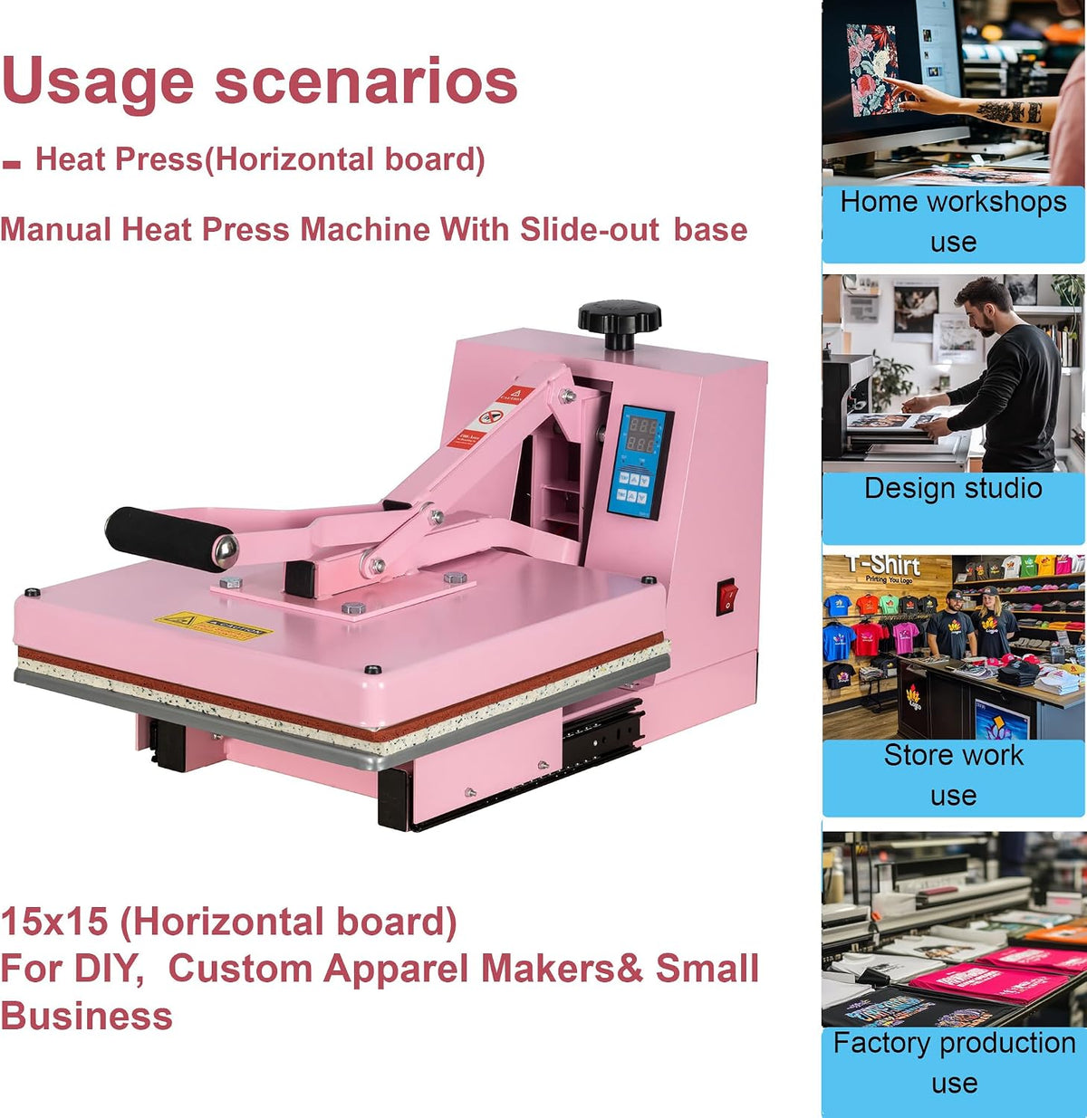 15' x 15' Semi-auto Heat Press Machine for T-Shirts, Auto Open & Slide-Out Base, Clamshell Style, Digital Sublimation Printer for Vinyl, DIY & Small Business (Pink, L15 * W15)