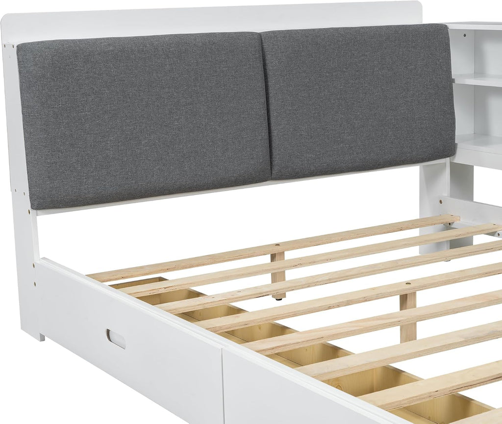 Merax Corner Full Bed Frame, Wood Platform Bed with Storage Headboard, Full Size Daybed with 2 Drawers and Rotatable Storage Board for Living Room,Bedroom,Guest Room,White