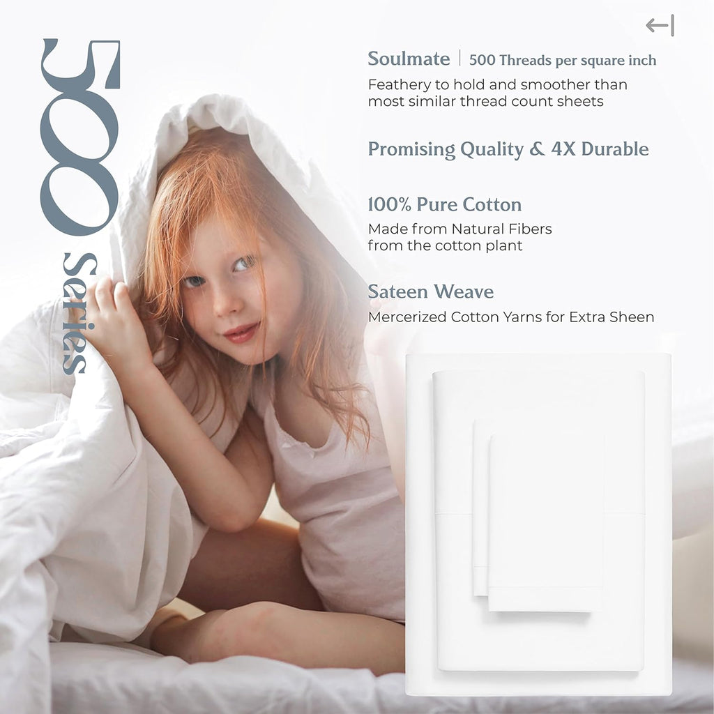Mayfair Linen 100% Egyptian Cotton 2 Pack Queen Sheet Set - Luxury 500 Series Soulmate Collection Cotton Sheets Queen Size (8 PC, White), Soft, Cooling, Sateen 16' Deep Pocket Hotel Quality Sheet