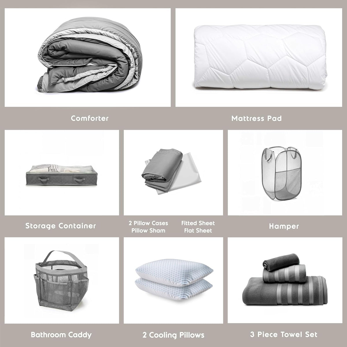 Hearth & Harbor Complete Dorm Room Set, Twin XL Comforter Set, Sheet Set, Pillows, Mattress Protector, Towels and Organizers - All Dorm Accessories Included