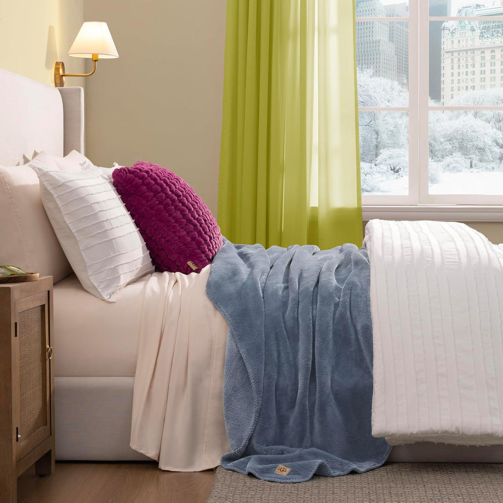 UGG Whitecap Full/Queen Blanket, Fleece Fluffy Blanket for Bed, Luxury Cozy Oversized Throw for Couch, Washable Hypoallergenic Queen Bedding, Bedroom Decor, 90' x 90', Denim Blue