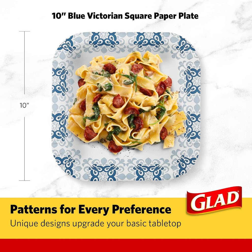 Glad Square Heavy Duty Paper Plates, Soak Proof and Cut Proof Disposable Plates for Parties and Everyday Meals, Microwaveable for Easy Serving, Blue Victorian Pattern, 10 Inch, 50 Count - 12 Pack