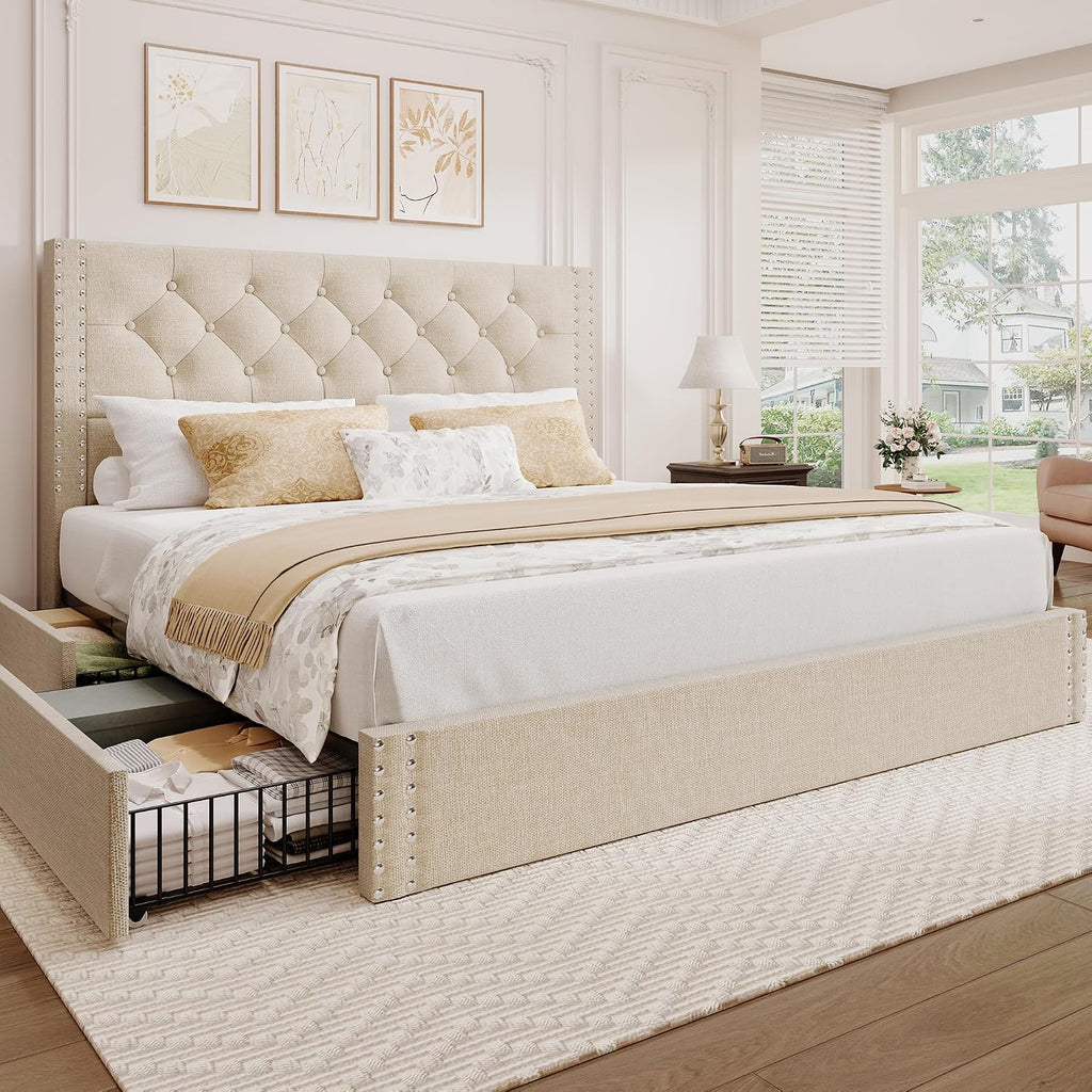 BRELTAM Queen Size Bed Frame with 4 Storage Drawers and Tufted Headboard Linen Upholstered Platform Bed Frame with Heavy Duty Wood Slats, No Box Spring Needed, Beige