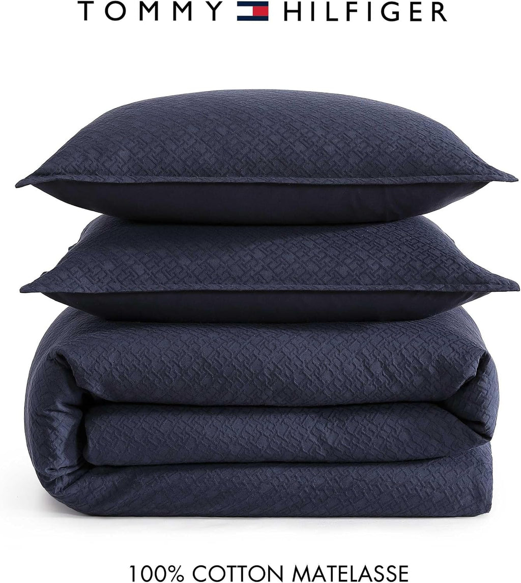 Tommy Hilfiger - Comforter Set, Luxuriously Soft Cotton Matelassé Bedding with Matching Shams, Textured Design (Monogram Navy, King)