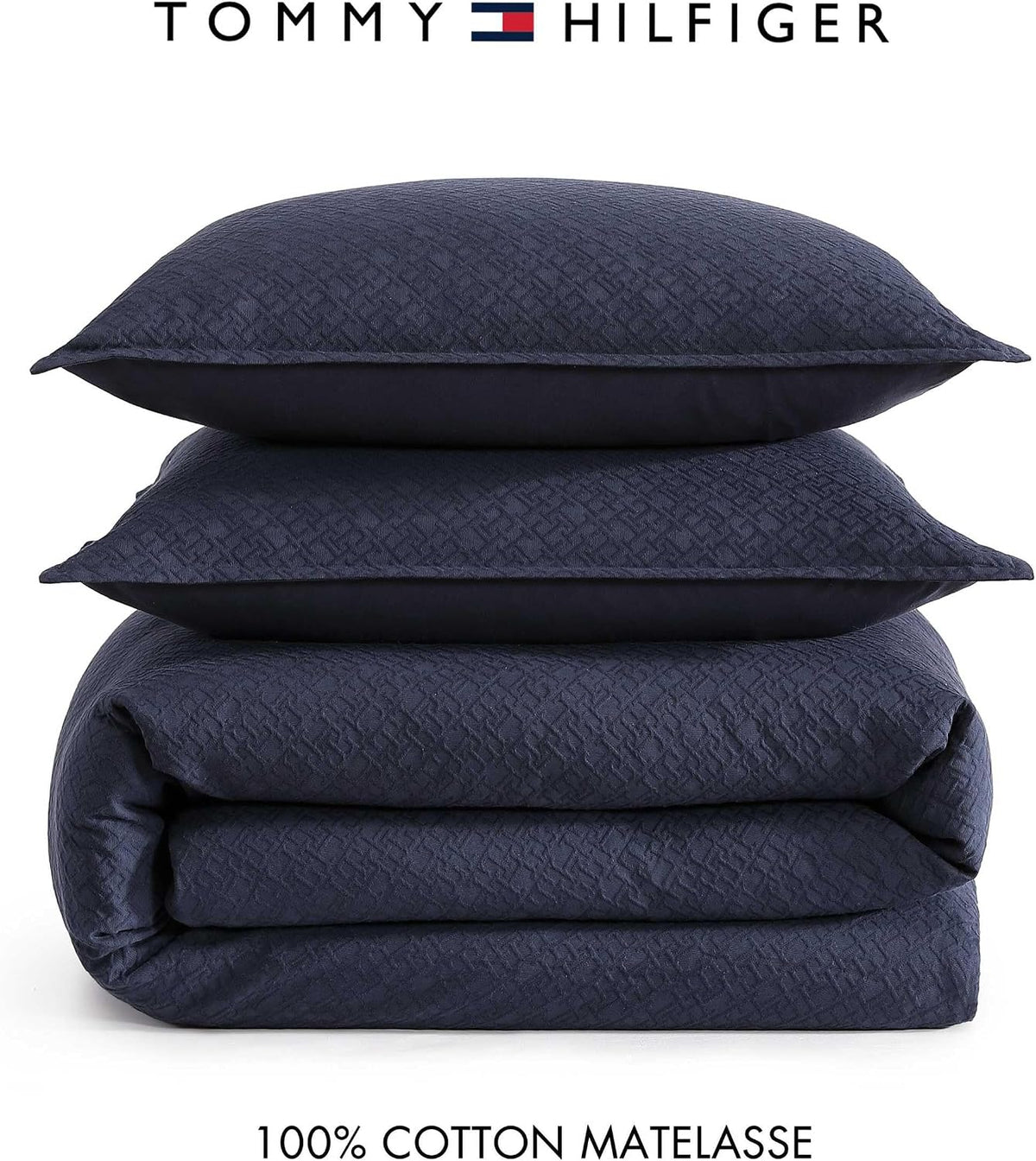 Tommy Hilfiger - Comforter Set, Luxuriously Soft Cotton Matelassé Bedding with Matching Shams, Textured Design (Monogram Navy, King)