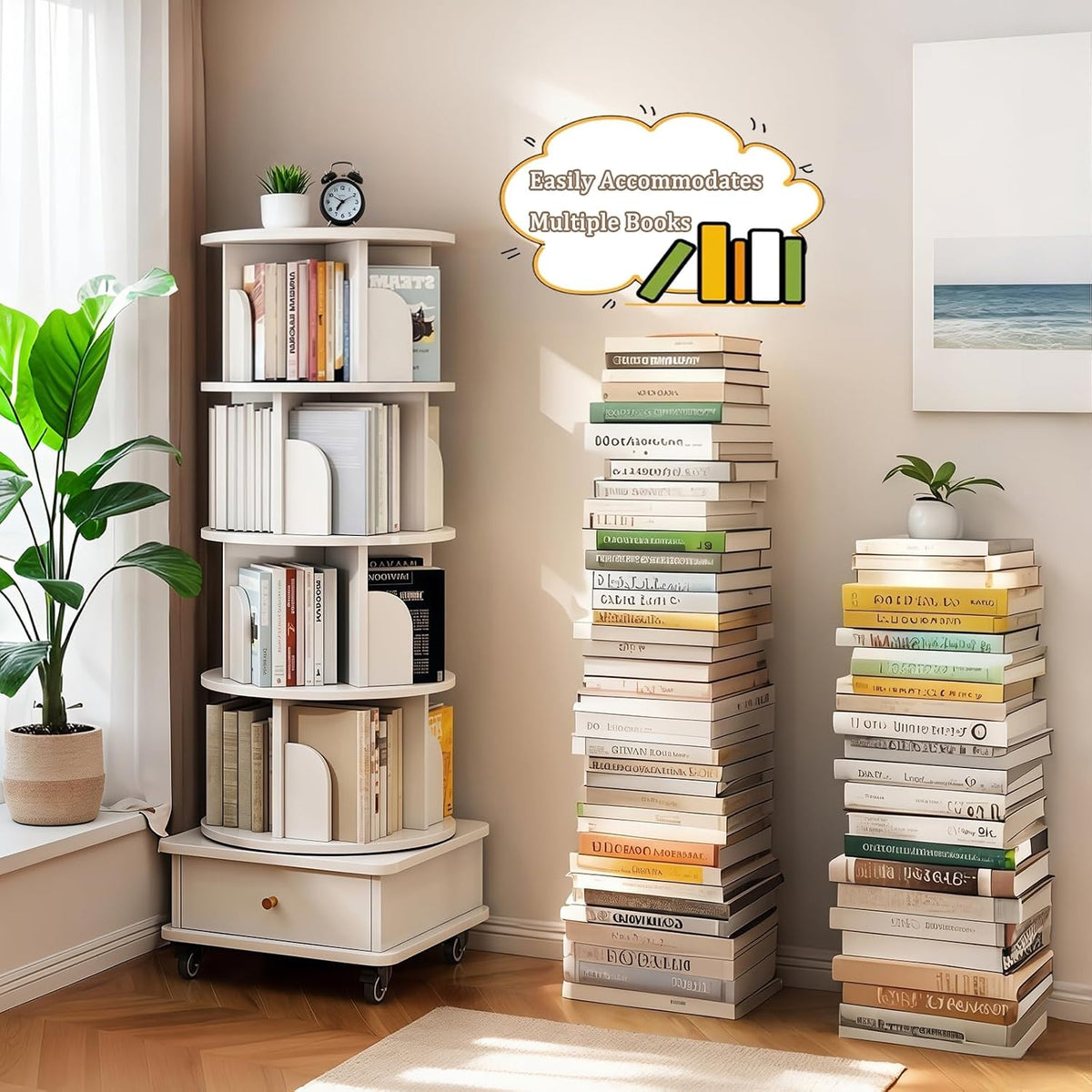 KEIKI 5-Tier Rotating Tower Spinning Bookshelf with 360°Swivel Wheels & Square Storage Drawer Base,Narrow Rolling Bookcase for Small Space,Corner,Bedroom,Office,White