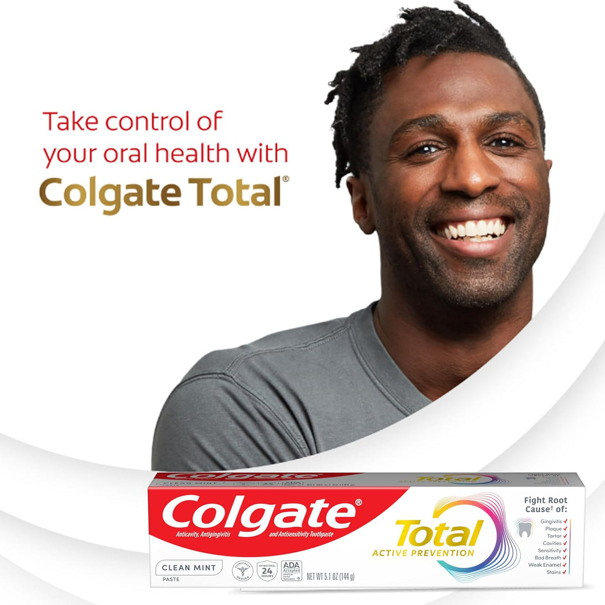 Colgate Total Active Prevention Clean Mint Toothpaste, Anticavity Fluoride Toothpaste, Clinically Proven Formula that Fights Plaque Bacteria, Mint, 24 Pack, 5.1 oz