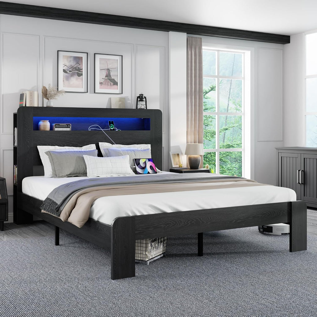 Queen Size Wooden Bed Frame with Bookcace Storage Headboard, Rustic Farmhouse Bedframe with LED Lights and Charging Station, Sturdy and Stable, Slat Support, No Box Spring Required (Black, Queen)