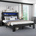 Queen Size Wooden Bed Frame with Bookcace Storage Headboard, Rustic Farmhouse Bedframe with LED Lights and Charging Station, Sturdy and Stable, Slat Support, No Box Spring Required (Black, Queen)