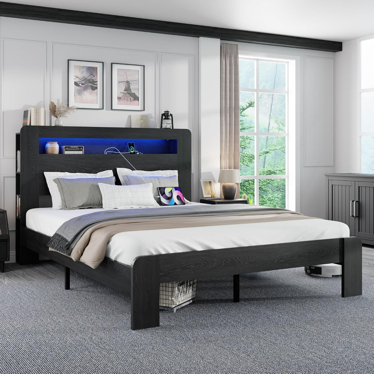Queen Size Wooden Bed Frame with Bookcace Storage Headboard, Rustic Farmhouse Bedframe with LED Lights and Charging Station, Sturdy and Stable, Slat Support, No Box Spring Required (Black, Queen)