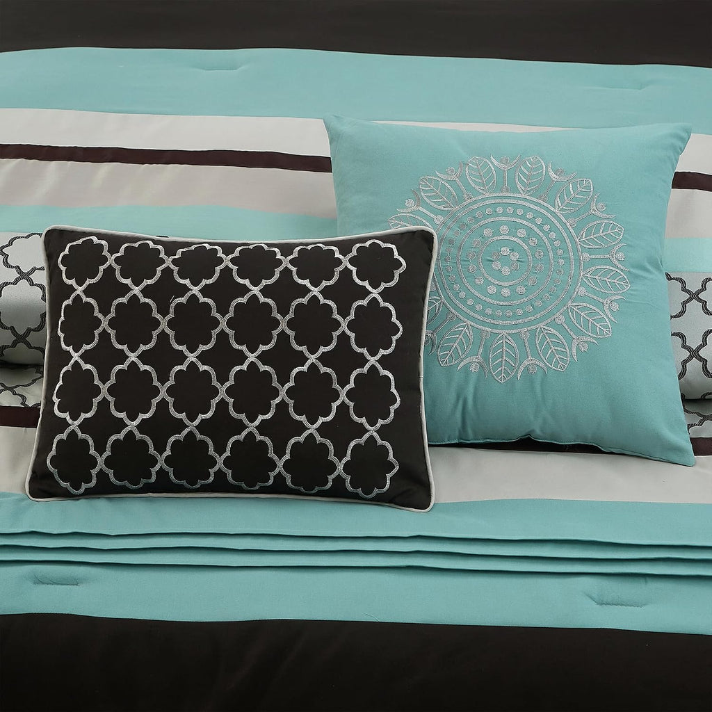 LANCO MODERN LIFESTYLE California King Comforter Set, Aqua Brown Bedding Set, Jacquard Woven with Embroidery, 8 Pieces Bed in a Bag, Bed Skirt, Shams and Decorative Pillows