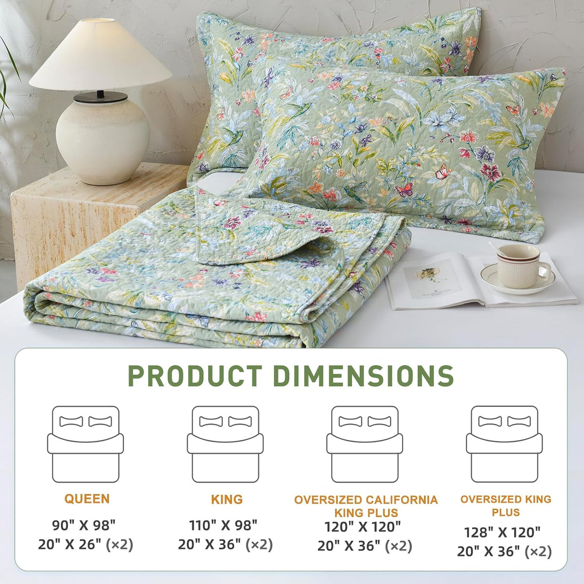 Lady Ann Oversized Cal King Bedspreads 120x120 for Extra Bed, Green Flower Bird Butterfly Print Botanical Bedding, Lightweight 100% Cotton Quilted Coverlet Set with Pillow Shams for All Season, 3 PCS
