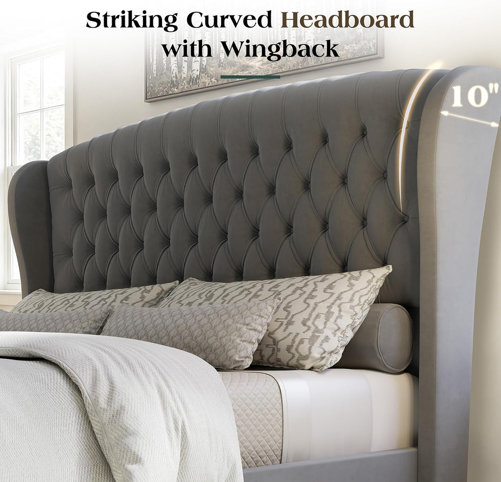 LUXOAK King Size Platform Bed Frame, Velvet Upholstered Sleigh Bed with Curved Headboard & Footboard, Deep Button Tufted, Wood Slats Support, No Box Spring Needed, Grey