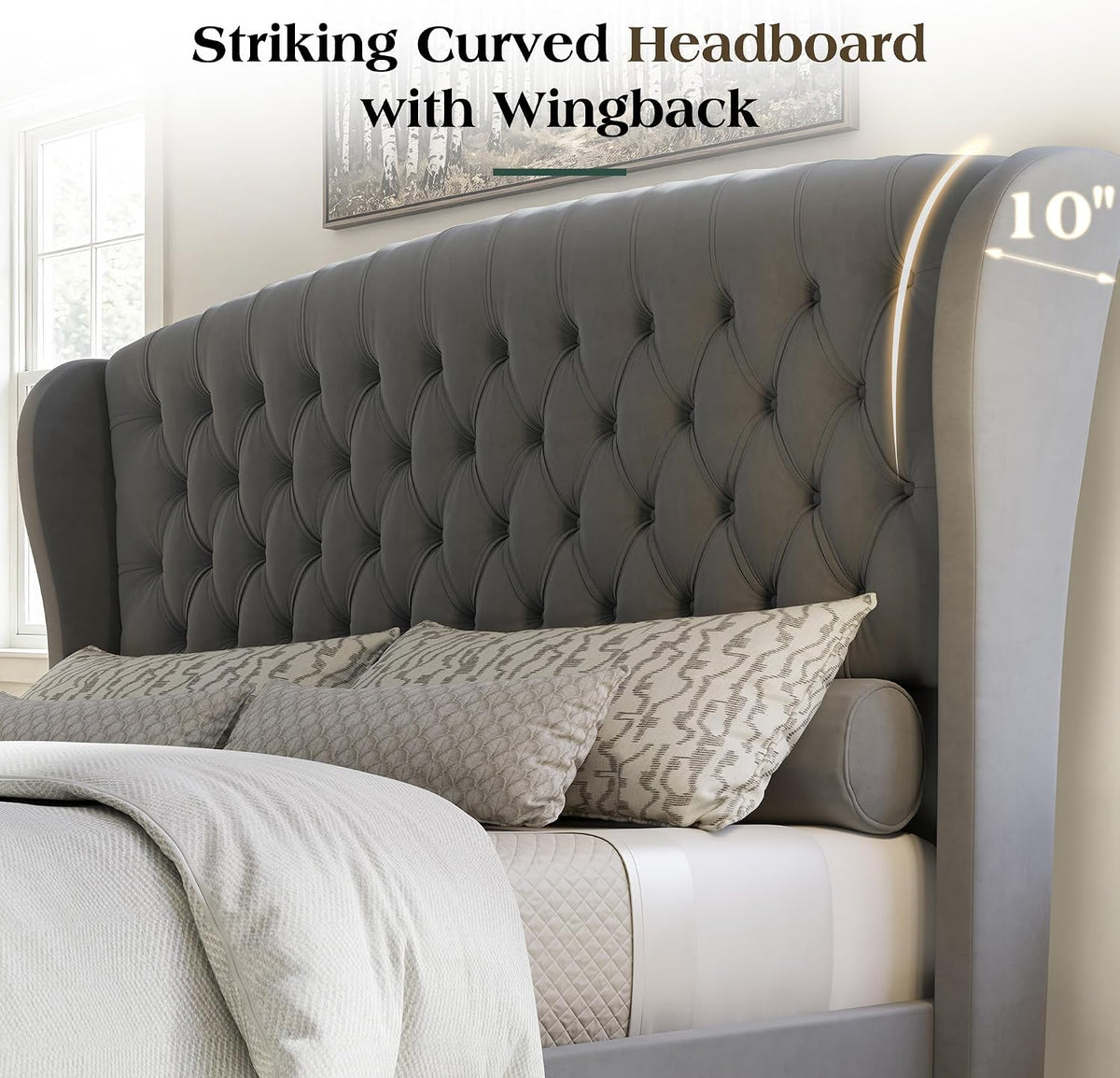 LUXOAK King Size Platform Bed Frame, Velvet Upholstered Sleigh Bed with Curved Headboard & Footboard, Deep Button Tufted, Wood Slats Support, No Box Spring Needed, Grey