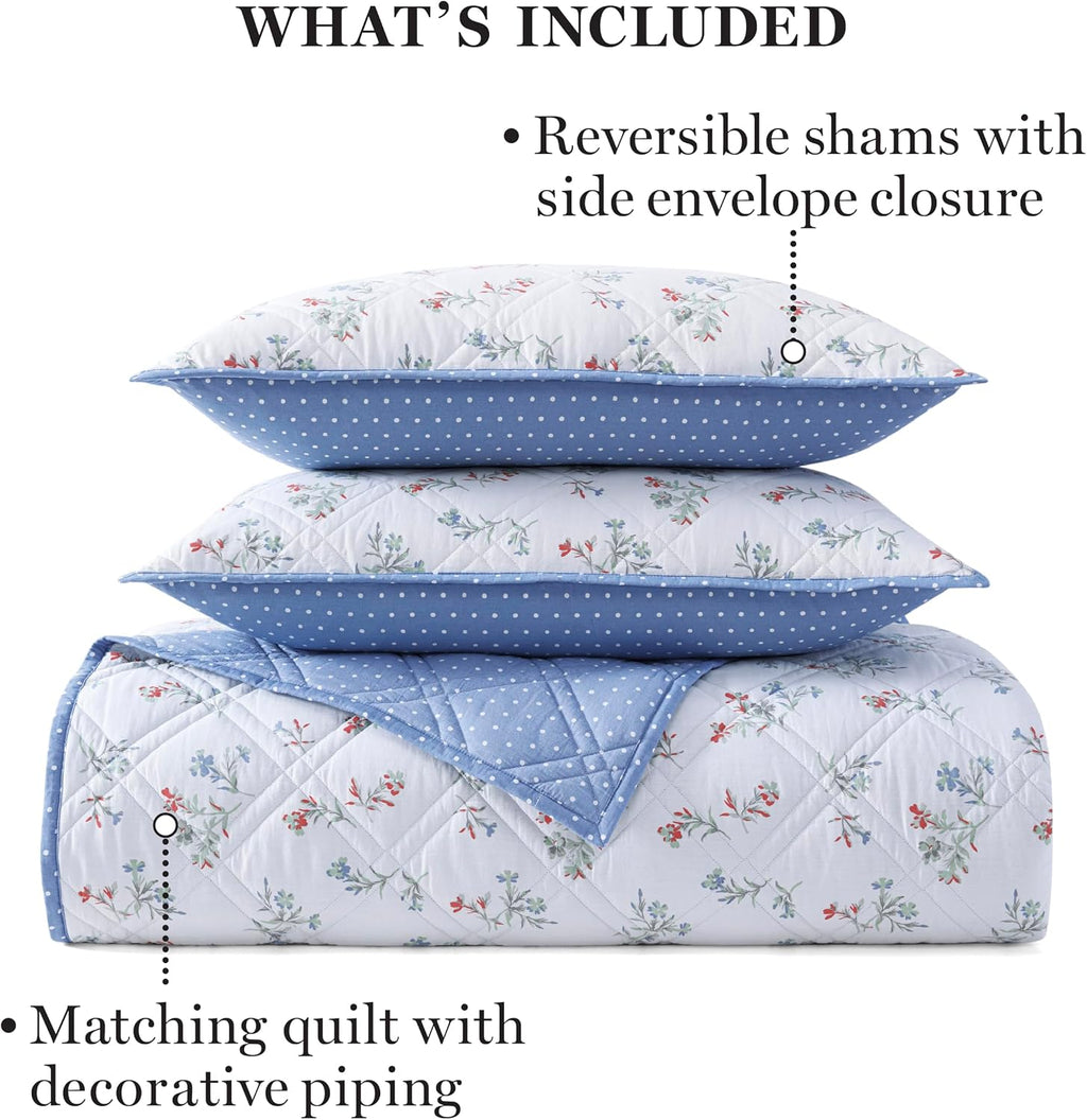 Martha Stewart 100% Cotton 3 Piece Reversible Quilt Set, Washed, Percale, Light Blue/White, 1 Quilt, 2 King Shams, Soft and Breathable, Lightweight, Ditsy Floral Printed Bedspread, King Size