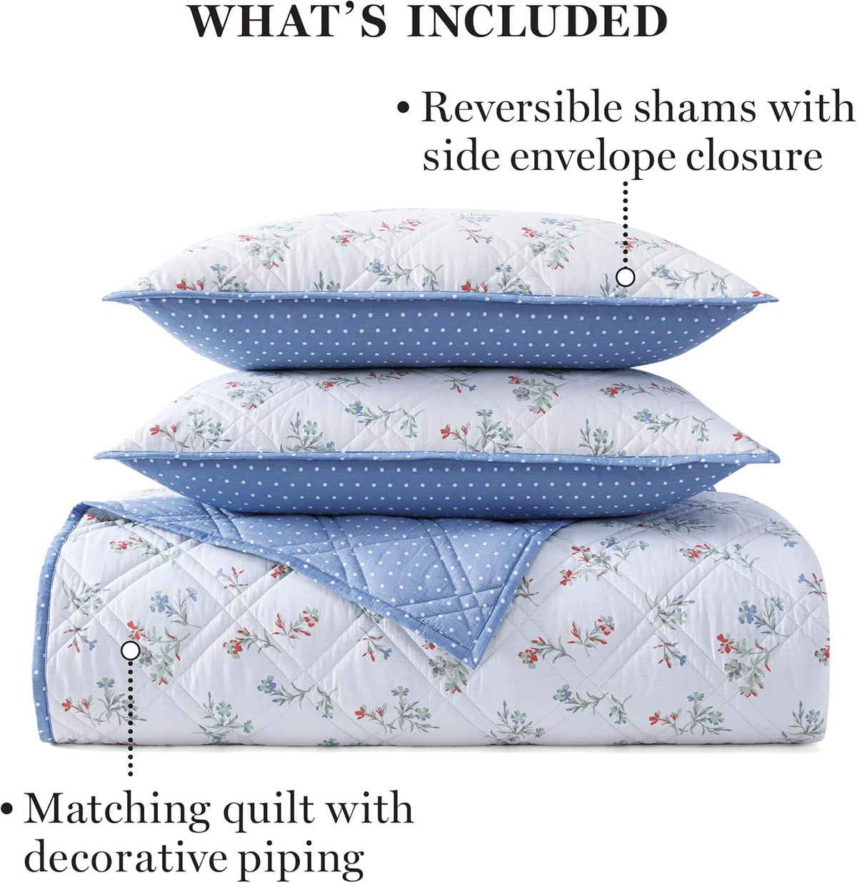 Martha Stewart 100% Cotton 3 Piece Reversible Quilt Set, Washed, Percale, Light Blue/White, 1 Quilt, 2 King Shams, Soft and Breathable, Lightweight, Ditsy Floral Printed Bedspread, King Size