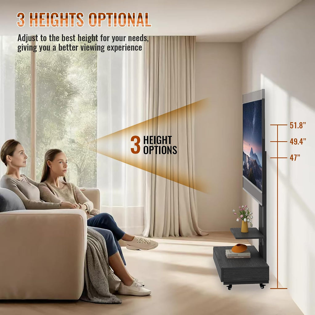 TV Stand with Sliding Drawer, Floor Stand with Lockable Wheel Mount, 32-75 Inch Mobile TV Cart for Living Room, Bedroom, Office