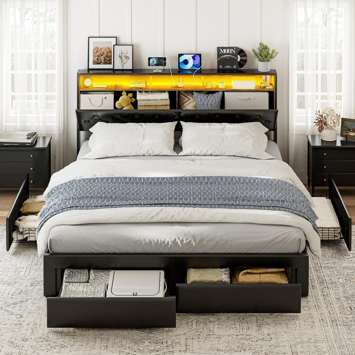 IKIFLY California King Bed Frames with 4 Drawers & Hidden Storage Headboard, Upholstered Cal King LED Platform Bed with Type-C Charging Station, No Box Spring Needed, Wood Slats, Noise Free (Black)