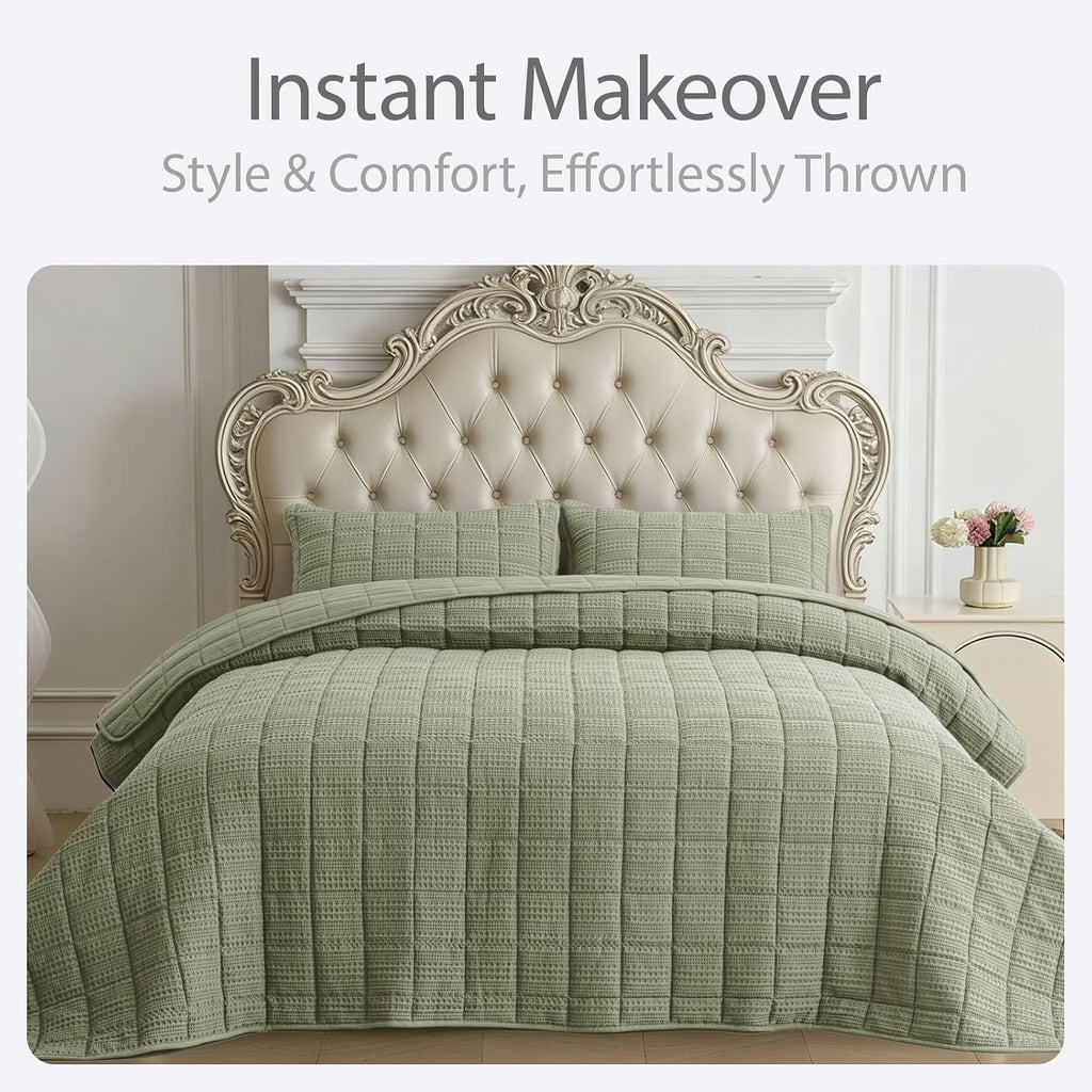 120x128 Cotton Quilt Bedding Set Oversized King Size Quilted Bedspread Sets with 2 Shams,3 Pieces Lightweight Soft Bedding Sets for All Season,Green