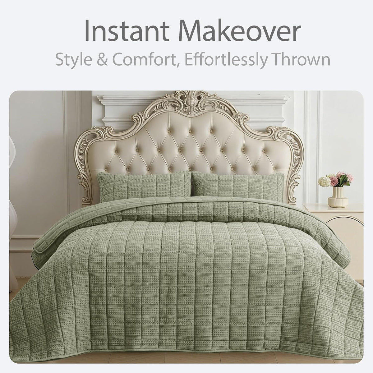 120x128 Cotton Quilt Bedding Set Oversized King Size Quilted Bedspread Sets with 2 Shams,3 Pieces Lightweight Soft Bedding Sets for All Season,Green