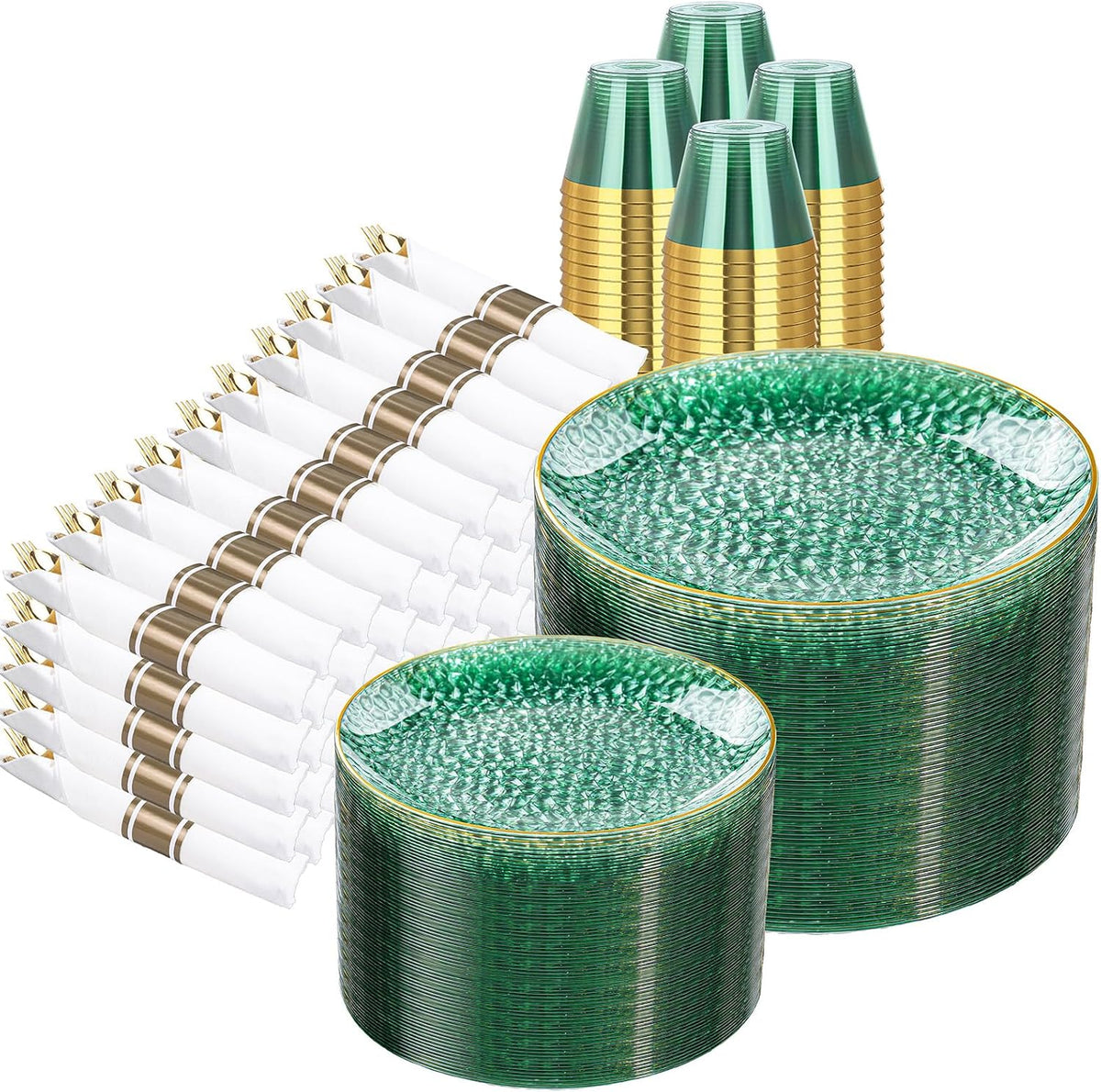 Rubtlamp 700Pcs Green Plastic Plates,Green Gold Plastic Dinnerware Set, Hammered Clear Green Plates with Gold Rim Include 100Dinner Platos,100Cake Platos,100Cups,100Pre Rolled Silverware