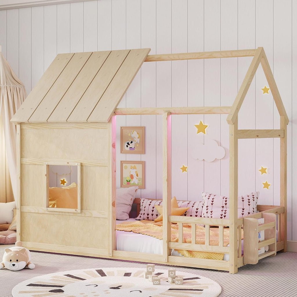 Twin Size House Floor Bed with 7 Colors LED Light and Book Shelf,for Kids Boys Girls Bedroom Use (Natural-Led/, Twin)