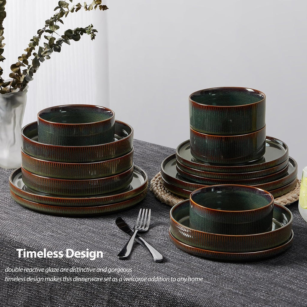 LIANYU Dinnerware Sets with Pasta Bowls, 24 Piece Ribbed Dinnerware Plates and Bowls Set for 6, Elegant Modern Stoneware Dishes Set for Kitchen Dining, Microwave and Dishwasher Safe, Jungle Green