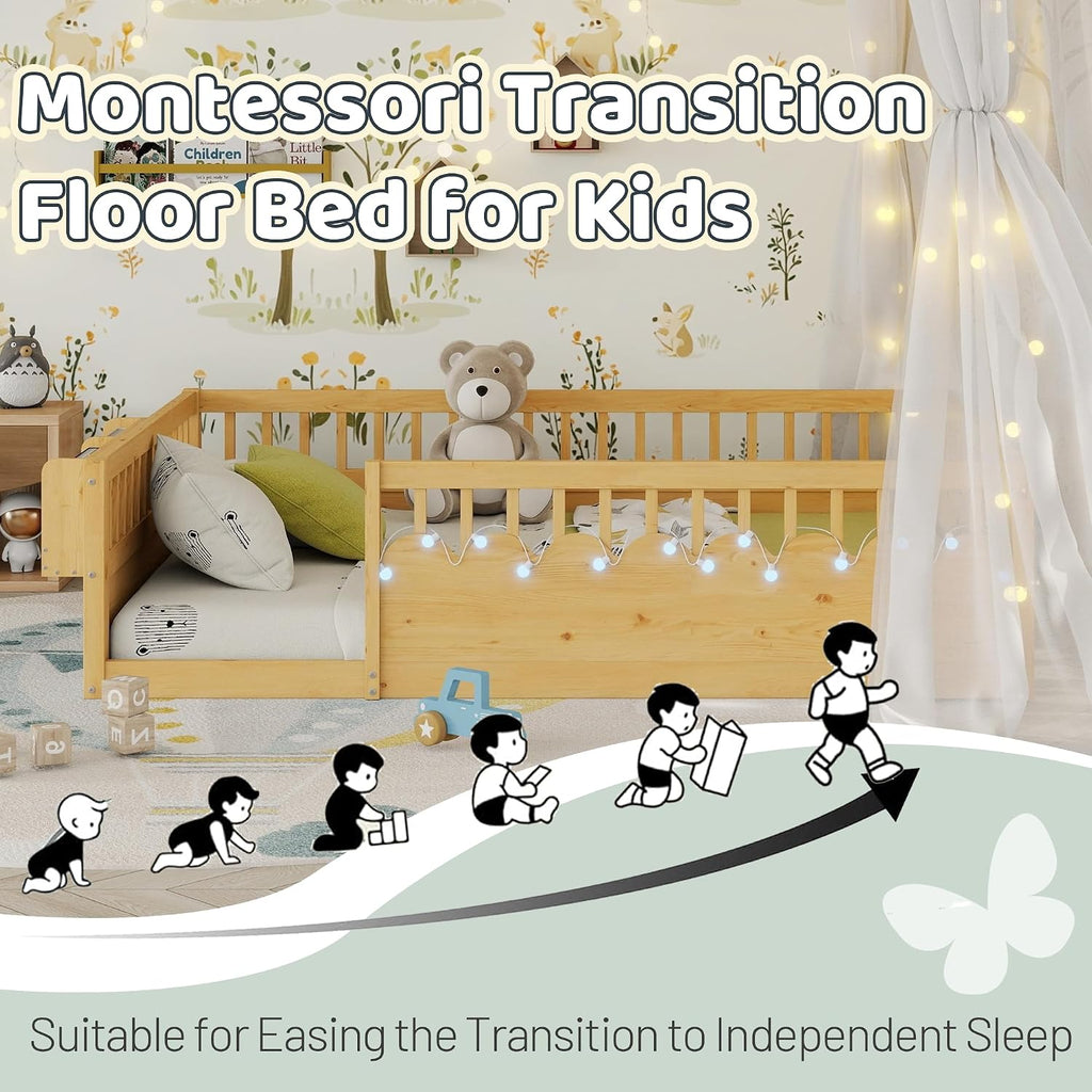 Montessori Floor Bed with High Rails,Twin Size Floor Bed Frame for Kids, LED Lights & Storage Shelf, Safe & Wider Opening Gate Design, Playground & Sleep Space for Girls Boys,Natural