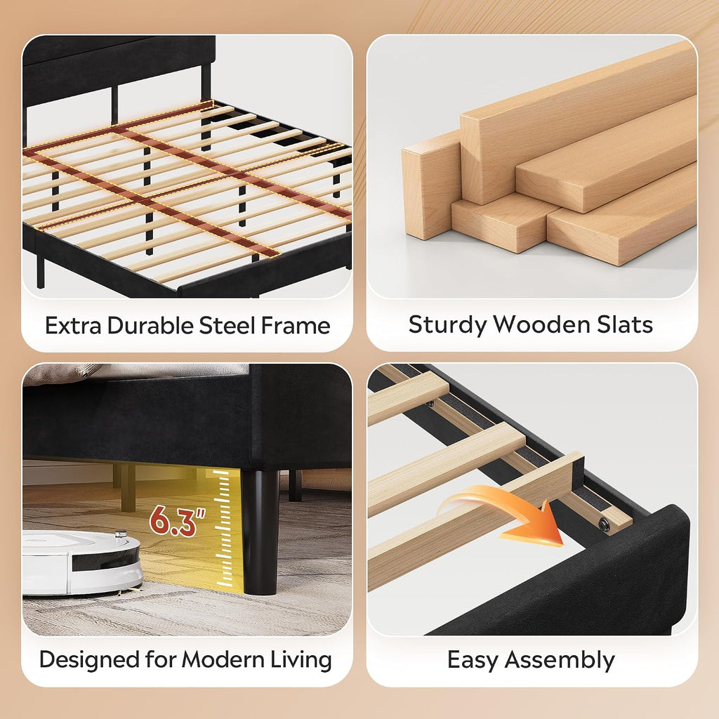 WLIVE Upholstered Bed Frame, King Size Bed Frame with Headboard, Platform Bed with Wood Slats, 1500LBS Mattress Foundation, No Box Spring Needed, Easy Assembly, Velvet Black