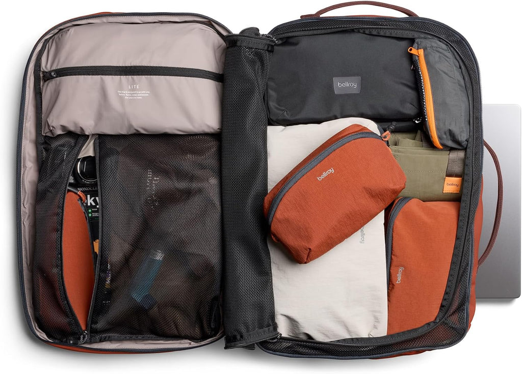 Bellroy Lite Travel Pack 38L (carry-on backpack, large travel backpack for international travelers, with laptop pocket, interior packing cells and tuck-away shoulder straps) - Clay