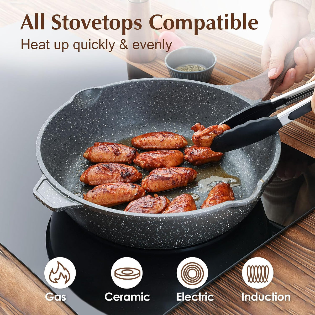 SENSARTE Nonstick Deep Frying Pan Skillet, 12-inch Saute Pan with Lid, Stay-cool Handle, Chef Pan Healthy Stone Cookware Cooking Pan, Induction Compatible, PFOA Free (Pack of 2)
