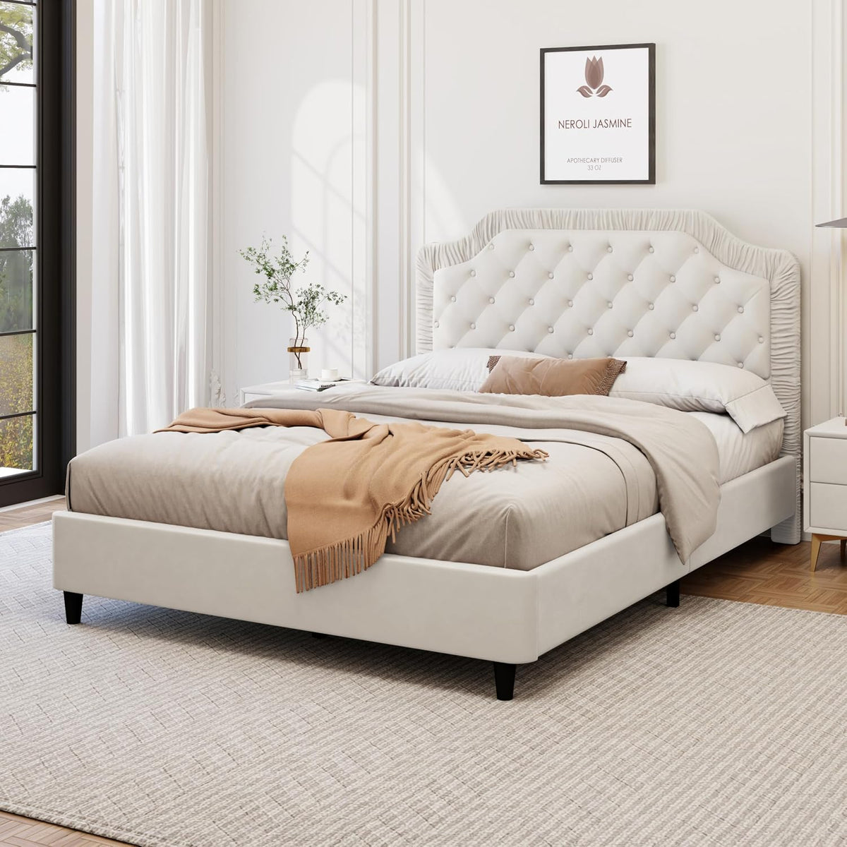 2-Pieces Bedroom Sets, Full Size Tufted Velvet Upholstered Platform Bed with Storage Ottoman Bench for Kids Teens Adult Bedroom, Wood Slat Support, No Box Spring Needed (White-2Z)